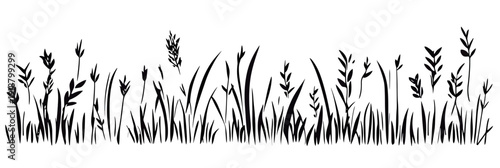 Black silhouette grass and wild plants seamless border pattern with various blade shapes and seed heads in minimalist vector style illustration