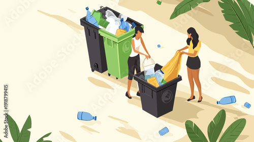 Two women recycling plastic bottles and waste into separate garbage bins on sandy ground with green leaves around, environmental cleanup concept vector illustration