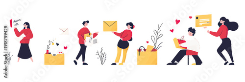 Flat minimalist vector illustration of diverse people sending email marketing messages and promotional offers with icons of envelopes, hearts, and shopping bags for ecommerce business concept