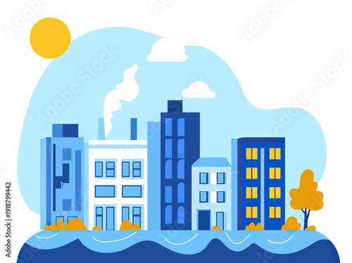 Minimalist flat vector cityscape flood disaster with submerged buildings trees water waves daytime bright sun clouds urban environment emergency concept illustration