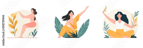 Set of happy confident women sitting and stretching in nature with leaves and plants around, self love and relaxation concept vector illustration in flat minimalist style