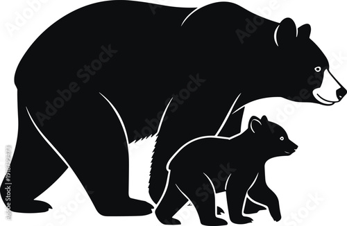 Silhouettes of bear parent and cub walking side by side, wildlife nature illustration, animal figures design, family relationship concept