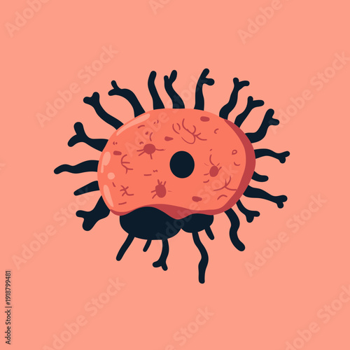 Flat minimalistic vector illustration of meningitis bacteria with irregular black tentacle-like protrusions on round orange body against solid background for medical concept design
