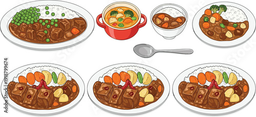 Japanese curry rice vector set. Beef curry with vegetables, peas, and rice plates. Traditional Asian food flat design illustration collection isolated on background.