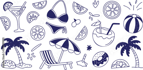 A collection of hand drawn blue outline doodles depicting various summer beach vacation essentials
