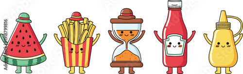 Cute kawaii food characters illustration. Watermelon, french fries, hourglass, ketchup and mustard bottle mascots in playful cartoon style. Child friendly design isolated on white background.