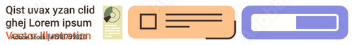 Data presentation, UI components, communication design, progress tracking, minimalistic templates, abstract graphics. Document icon, text area and progress bar in bright colors. Data presentation