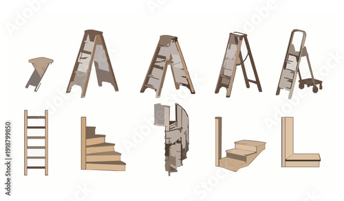 Minimal flat wooden ladder and stair types vector set isolated on white background