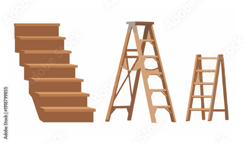 Flat vector set of wooden stairs and step ladders for home and construction isolated on white background