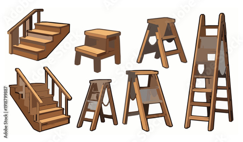 Stylized wooden stairs and step ladder collection vector illustration isolated on white background