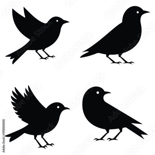Set of birds silhouettes. Solid black flying bird vector silhouettes. Vector illustration.