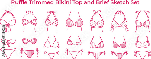 A comprehensive set of pink line art sketches showcasing different womens bikini tops and bottoms