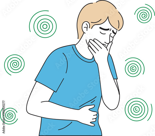 Cartoon illustration of person feeling nausea with hand on stomach and mouth, surrounded by dizziness symbols, representing illness, discomfort, and medical health symptoms