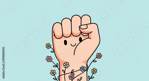 Fist with Flowers and Smiling Face on Light Blue Background
