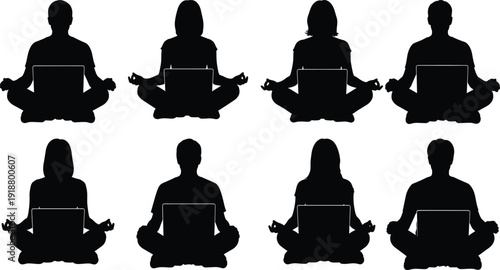 Meditation and remote work silhouettes set, people sitting lotus pose with laptop isolated on white background vector