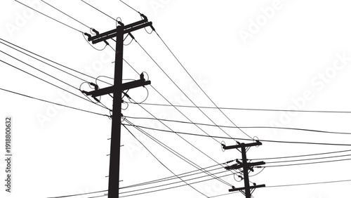 WebSilhouette of utility poles with multiple power lines extending across sky, showcasing complex electrical distribution infrastructure and urban energy network in dramatic upward perspective