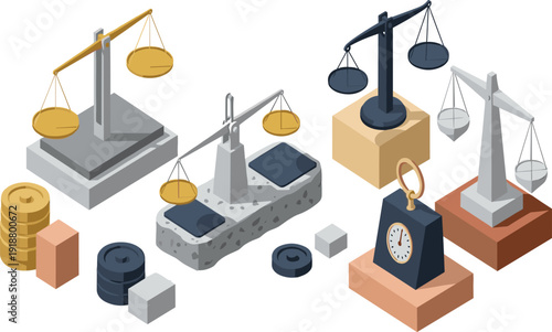 Justice balance scales with gold coins and weights isometric vector set for law finance measurement and legal equality concept.