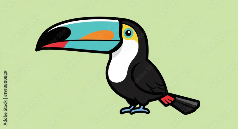 Fototapeta premium Colorful Cartoon Toucan Bird Illustration on Green Background