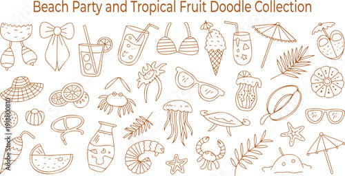 A large collection of hand drawn brown outline doodles representing a beach party and tropical fruits