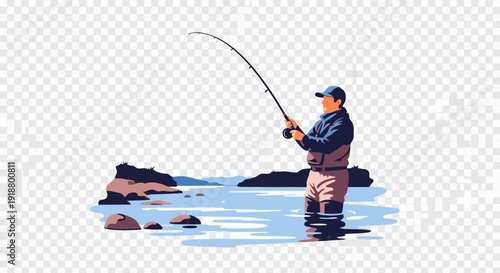Person fishing in water with rocks and sky.