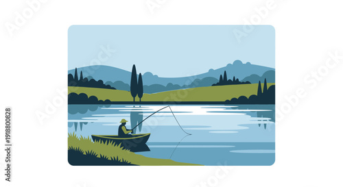 Person fishing from a boat on a calm lake with rolling hills.