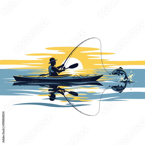 Kayaker fishes at sunset with jumping fish and reflection.