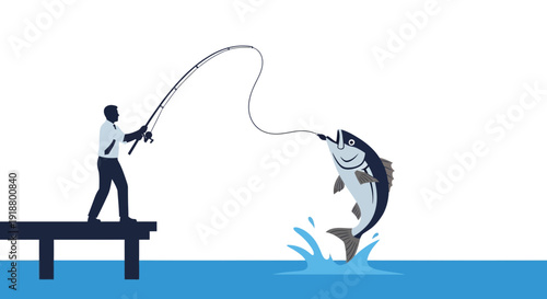 Man fishing from dock catches large jumping fish in water.