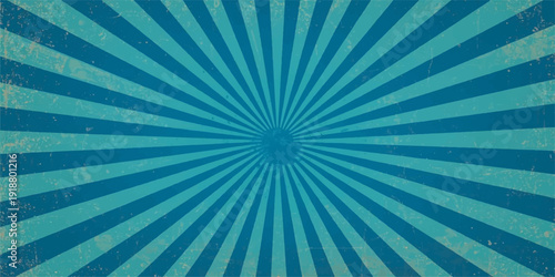 Abstract blue sunburst background featuring a radial starburst pattern with bright light rays and vintage vector art stripes for a retro wallpaper design
