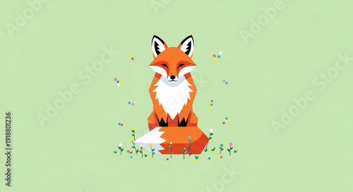 Cute Cartoon Fox Sitting on Green Background with Flowers