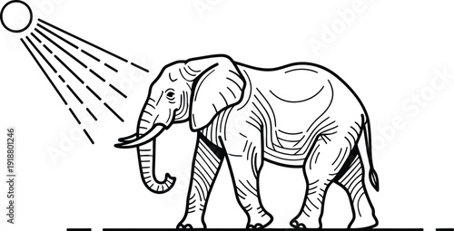 Stylized black and white line art illustration depicts a majestic African elephant walking under a bright spotlight in a minimal savanna environment