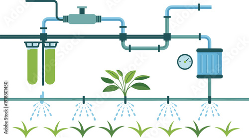 Automated drip irrigation system with water filters and pressure gauge watering young plants in a row