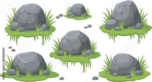 Cartoon‑style illustration of six rock formations on green grass patches with pebbles and tufts, natural outdoor elements for digital art, animation, and game design resources