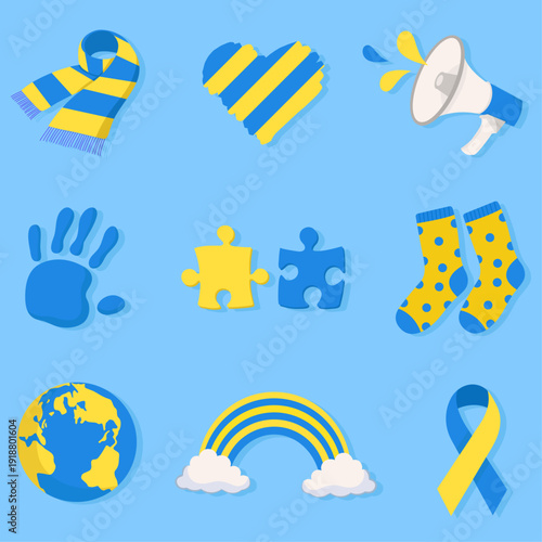 Syndrome down day blue and yellow elements megaphone socks heart puzzle kids hands