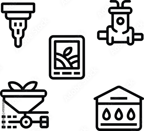 Collection of agricultural technology representing smart farming equipment for precision agriculture and crop management