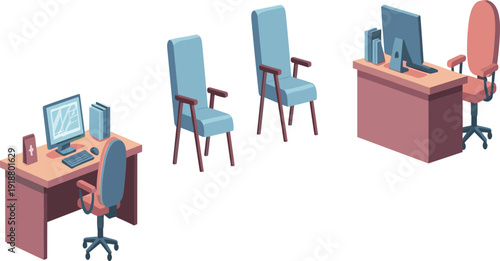 Office desk workspace and visitor chairs vector set with computer workstation and corporate meeting seating furniture for business interior design.