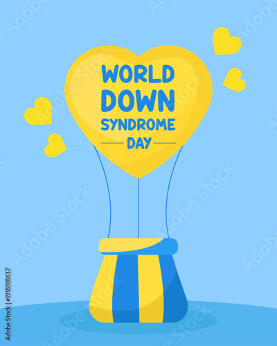 World down syndrome day blue and yellow heart air balloon greeting card tolerance acceptance