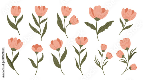 A charming collection of delicate pink flowers with vibrant green leaves, perfect for adding a touch of natural elegance and beauty to any design project or creative endeavor.