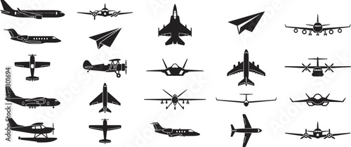 Silhouettes of diverse aircraft including commercial airplanes, fighter jets, propeller planes, biplanes, seaplanes, and paper airplanes viewed from multiple angles in aviation identification grid 