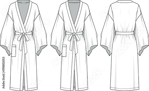 Women kimono robe technical flat fashion sketch vector illustration template front and back view with wide sleeves and tie belt