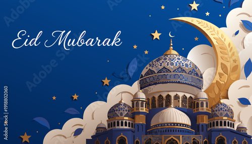 eid mubarak royal blue greeting banner with ornate mosque golden crescent moon paper cut clouds and stars islamic celebration design illustration design.