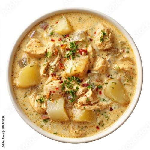 Creamy chicken and potato stew, garnished with herbs and spices