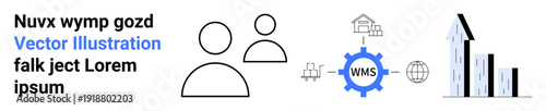 Warehousing, logistics, data management, supply chain, ecommerce, teamwork. Gear labeled WMS connected to icons. Users and analytics warehousing and logistics