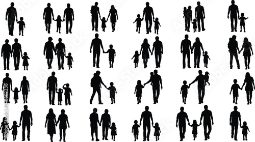 Silhouettes of diverse family groups walking together, parents and children holding hands, social relationship figures illustration, demographic concept design