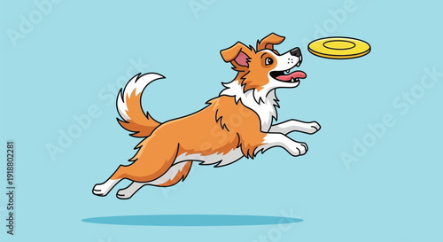 Energetic cartoon border collie dog happily leaps high in the air attempting to catch a yellow flying disc toy during playtime.
