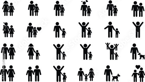 Silhouettes of diverse family icons, parents, children, pets, joyful poses, inclusive figures illustration, social unity design concept art