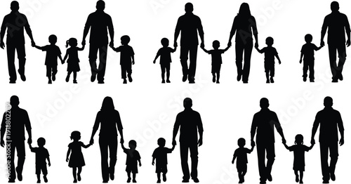Silhouettes of diverse family groups, parents and children together, black figures on white background, representing relationships, unity, love, and family dynamics