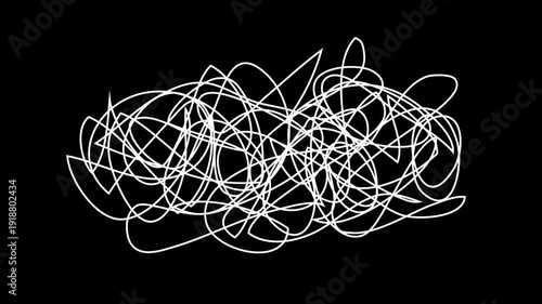 White hand drawn chaotic scribble line loop video on black screen. pencil lines or spherical shape. confused thoughts, stress, psychology and mental health 4K video