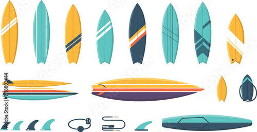 Surfboard collection with fins leash and different board shapes for summer beach water sport equipment vector illustration set.
