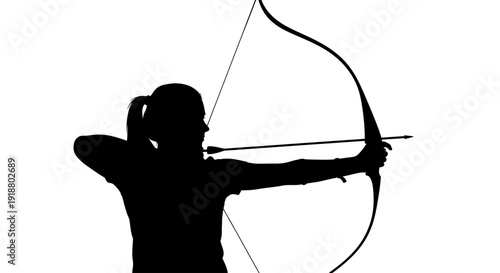 A woman is aiming a bow and arrow in a focused stance outdoors.