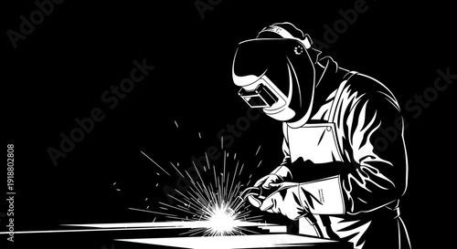 A worker welds metal with sparks flying everywhere in a dark room.